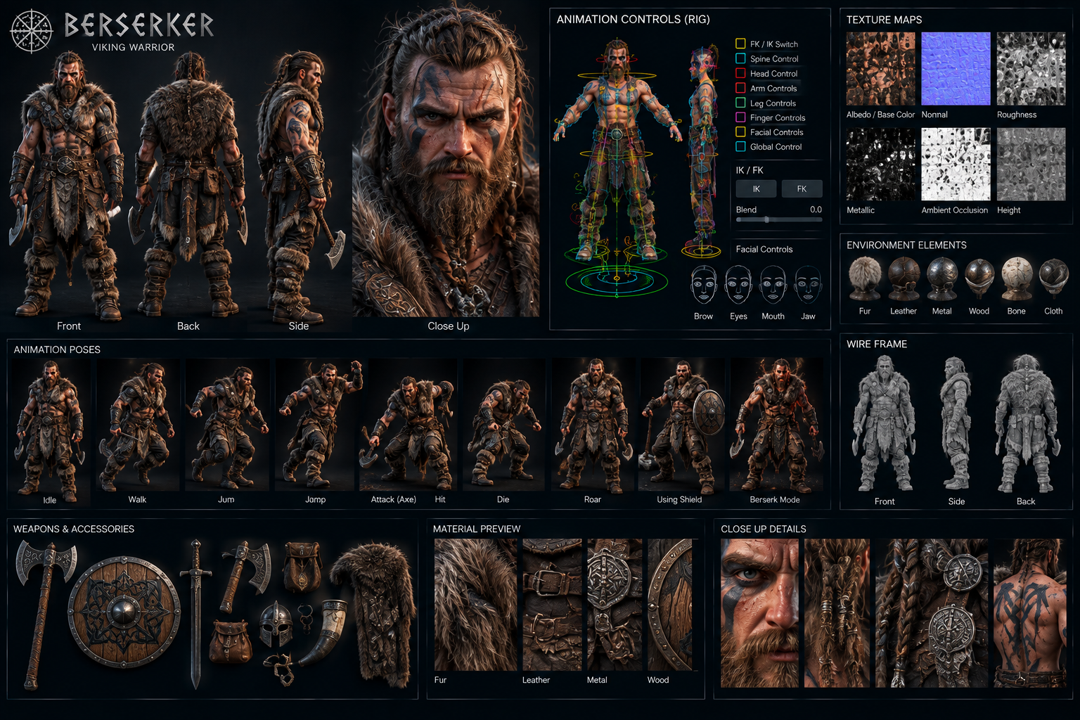 A character presentation with costume details, rig controls, materials and action poses.