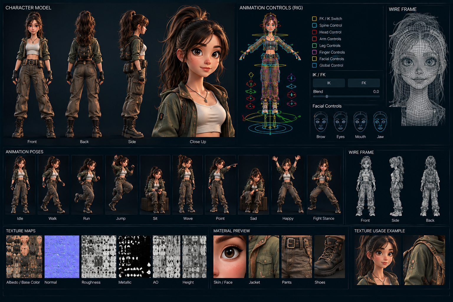 A stylized character sheet showing model views, facial controls, textures and animation poses.