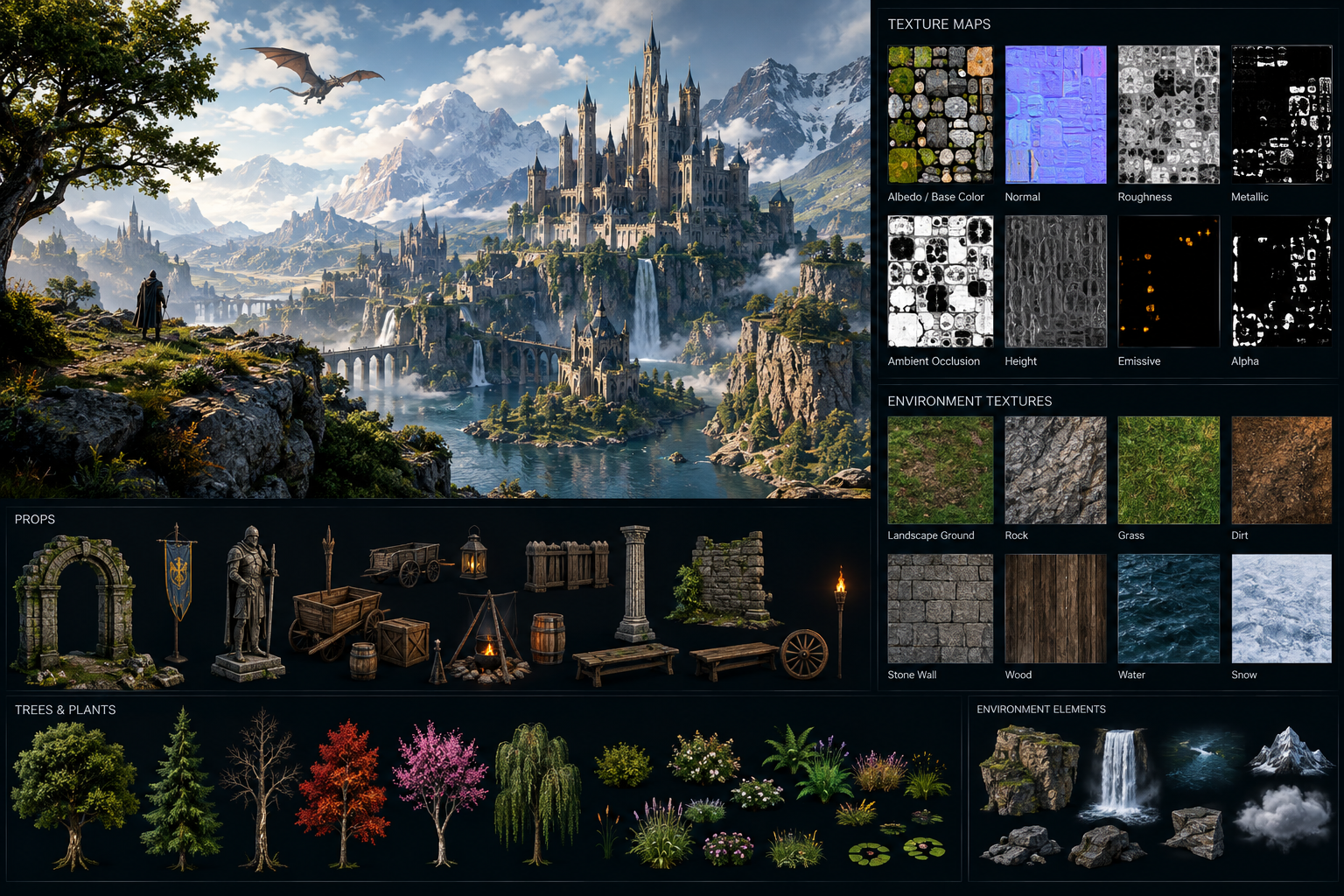 A large-scale fantasy environment presentation with a final vista, supporting props and texture references.