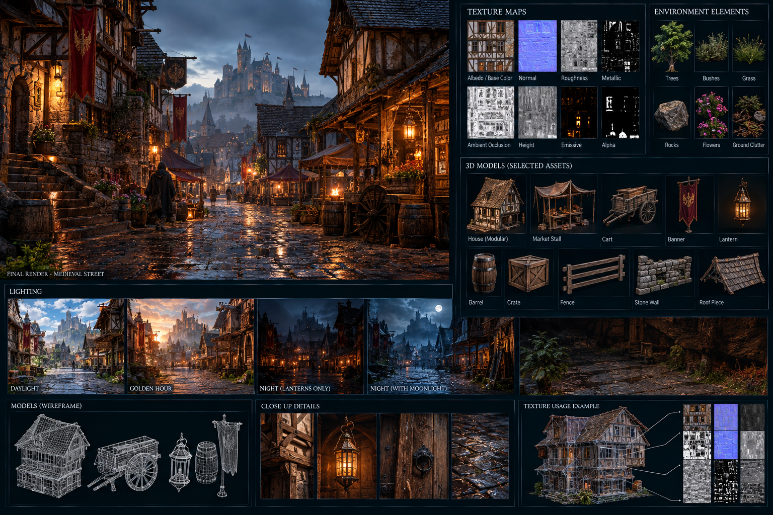 A medieval street environment with selected models, surface maps and lighting variations.