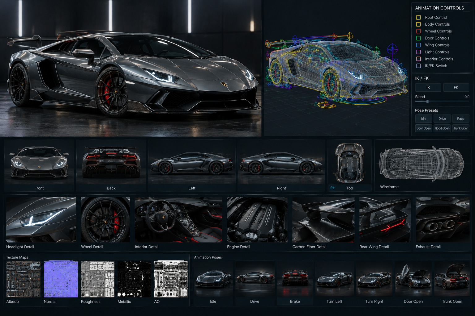 A vehicle presentation showing the finished car, wireframe, material maps and motion controls.