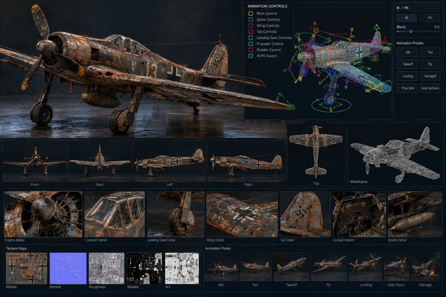 An aircraft presentation with multiple views, rig controls, textures and flight poses.